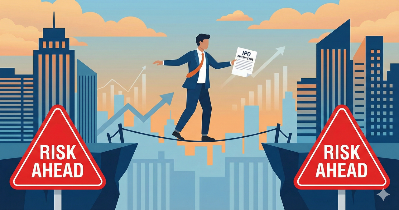 A tightrope walker holding an IPO prospectus, with “Risk Ahead” signs on both sides.