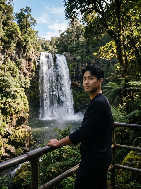 Tropical Waterfall Cinematic Portrait | PromptGet