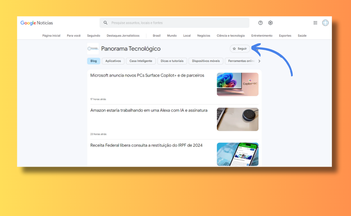 Ajustando preferências no Google Noticias. Imagem: reprodução.