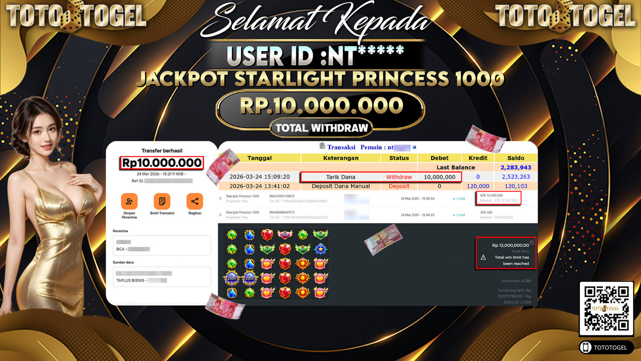 Bukti Pembayaran Jackpot Permainan Slot Starlight Princess 1000 ID:NT*****LUNAS
