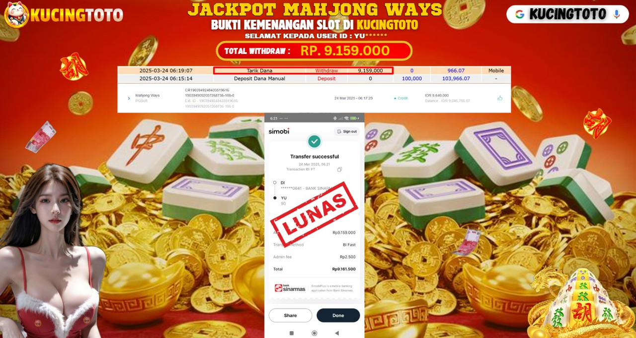 KUCINGTOTO JACKPOT SLOT MAHJONG WAYS RP.9.159.000.,- LUNAS