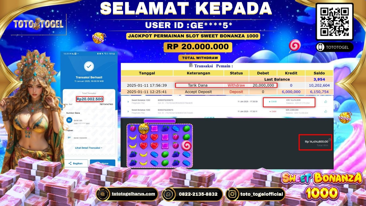 Bukti Pembayaran Jackpot  Permainan Slot Sweet Bonanza 1000  :GE****5*  LUNAS