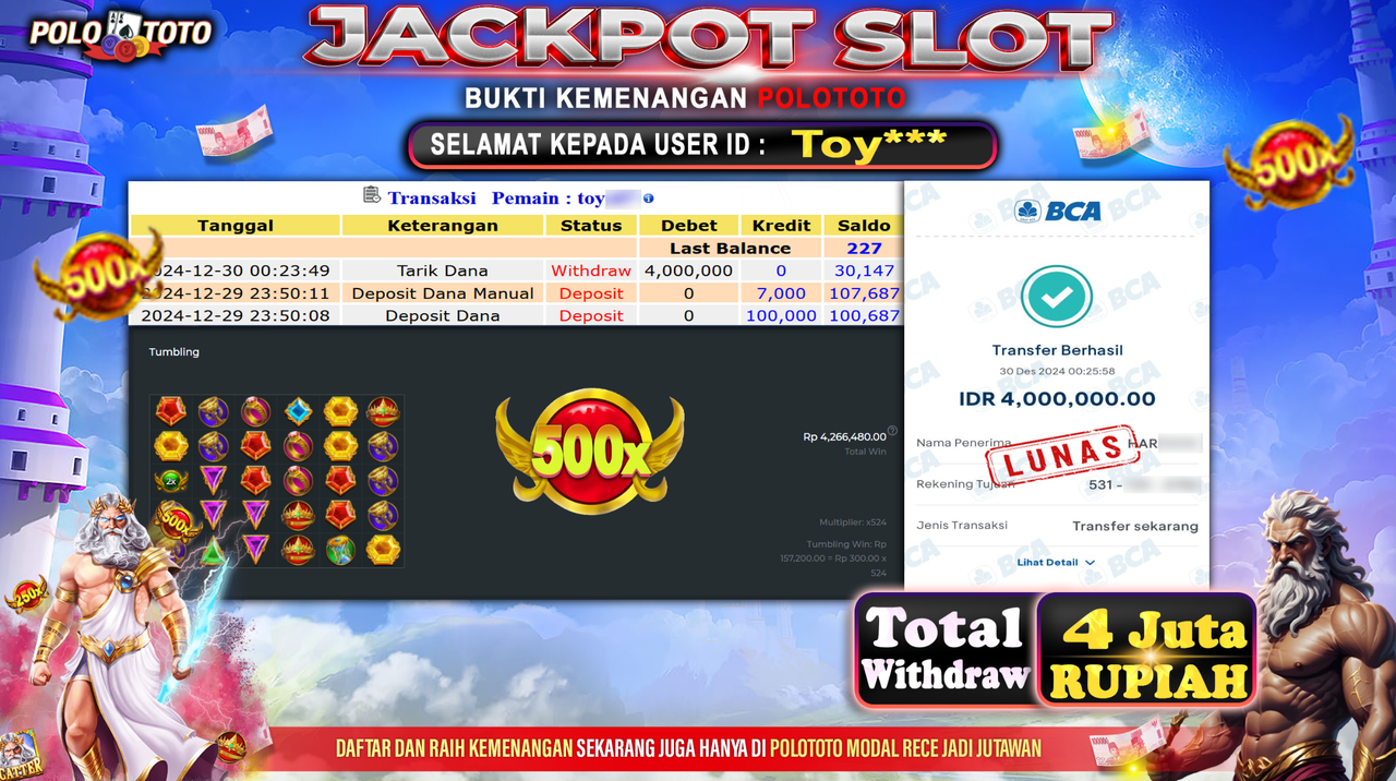 POLOTOTO JACKPOT SLOT GATES OF OLYMPUS Rp.4,000.000,-