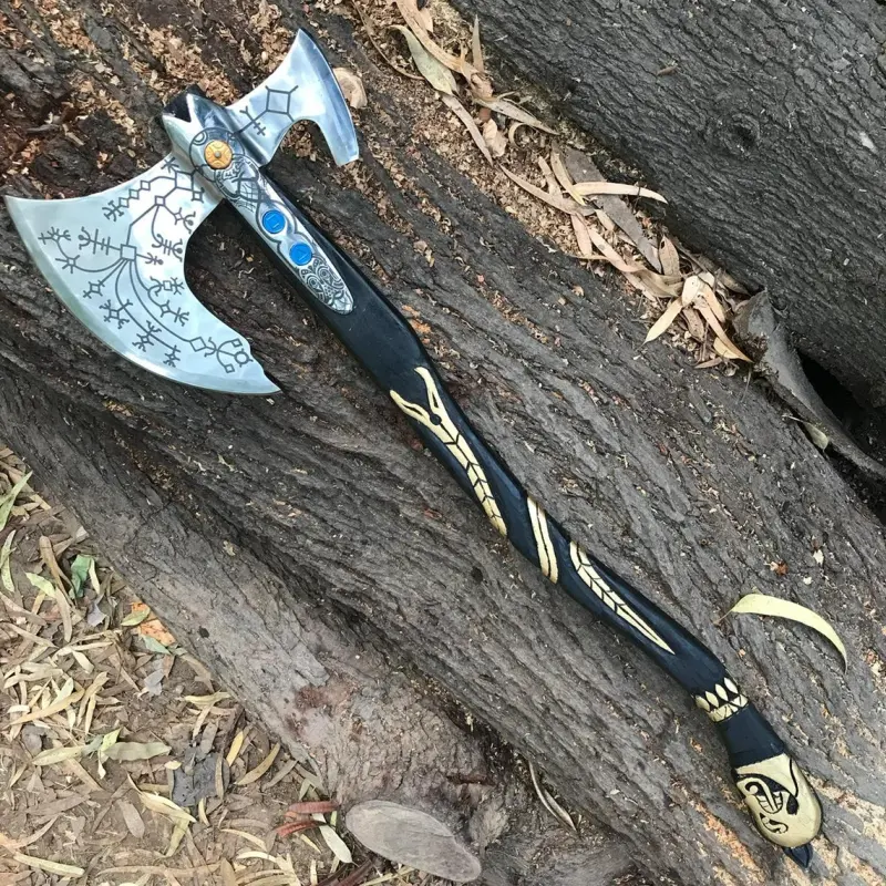 God of War Kratos Axe Carbon Steel Leviathan Axe Real Useable Frost Axe Black Handle and Leather Sheath