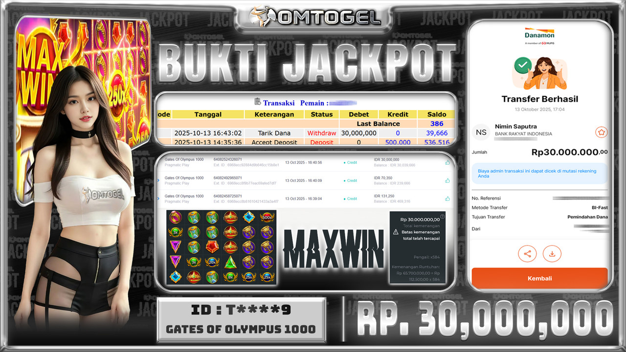 OMTOGEL JACKPOT PRAGMATIC PLAY GATES OF OLYMPUS 1000 30 JUTA DI BAYAR LUNAS ,-