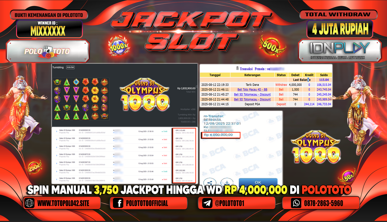POLOTOTO JACKPOT SLOT GATES OF OLYMPUS 1000 Rp.4.000.000,-LUNAS