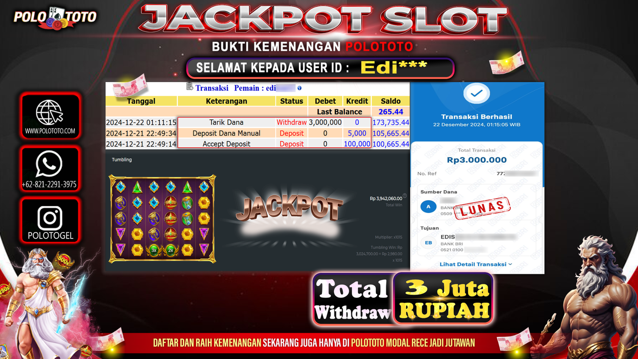 POLOTOTO JACKPOT SLOT GATES OF OLYMPUS Rp.3,000.000,-
