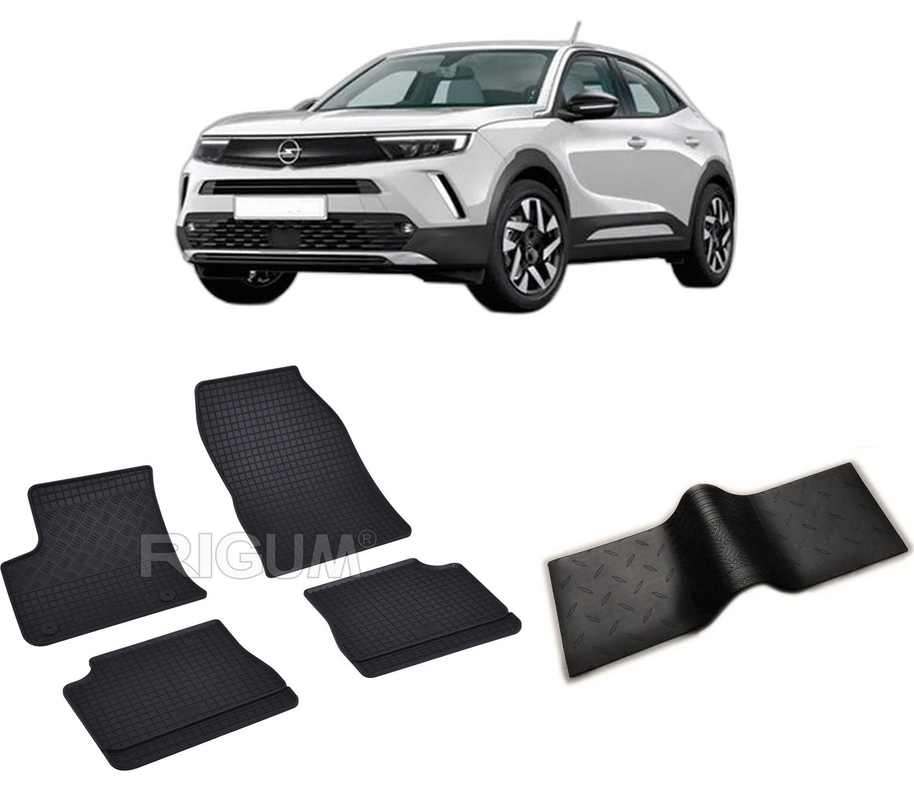 Set covorase auto OPEL MOKKA -E B din 02.2021-PREZENT, cu covoras tunel median, CAROSERIE SUV, Presuri cauciuc 100%, compatibil cu autoturismul OPEL MOKKA -E B, Rigum