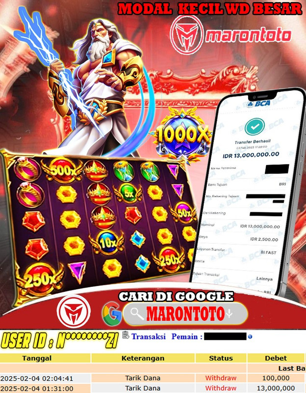 Bukti Kemenangan Member Marontoto Sebesar 13.000,000 JuTa