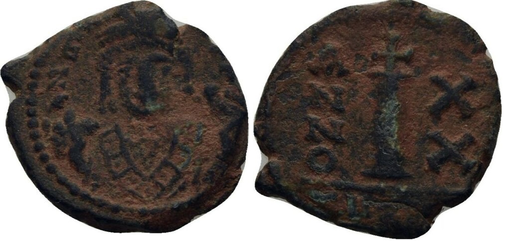 Decanummi (10 Nummi) de Mauricio Tiberio. Theuopolis (Antioquía). Año 20º 10-nummi-mau-tib