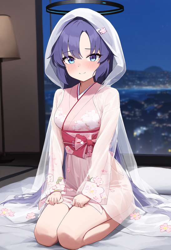 1girl, healthyman, yuuka (blue archive), blush, happy, hood, pink wedding kimono s-1685056616