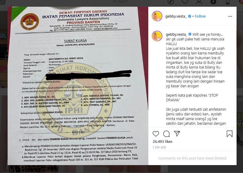 Gebby Vesta melaporkan aktris Lucinta Luna ke Polda Metro Jaya atas dugaan kasus pencemaran nama baik.