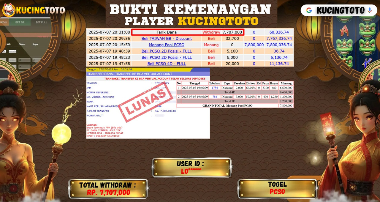 KUCINGTOTO JACKPOT TOGEL PCSO RP7.707.000.,- LUNAS