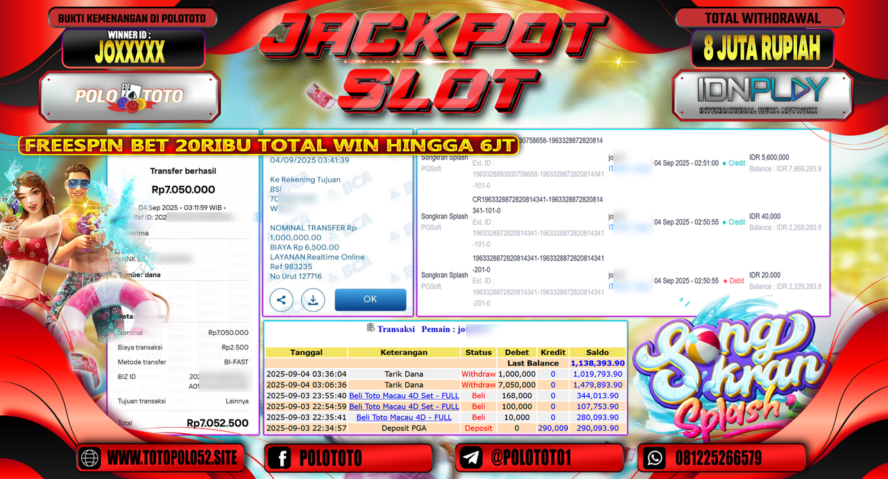 POLOTOTO JACKPOT SLOT SONGKRAN SPLASH Rp.8.050.000,-