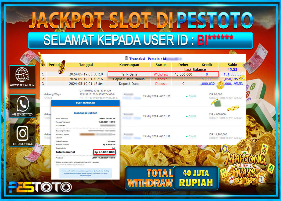 HANYA DI PESTOTO JP PASTI DI BAYAR LUNAS DAN CEPAT!!!!!! JP SLOT{ MAHJONG WAYS  } Rp.40.000.000 !!!!!