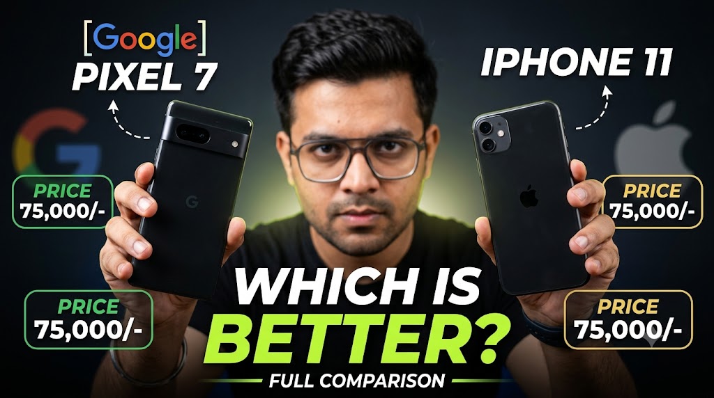 AI-generated example result for the youtube-thumbnail prompt: Google Pixel 7 vs iPhone 11 Thumbnail – Full Smartphone Comparison Design AI YouTube Thumbnail Prompt