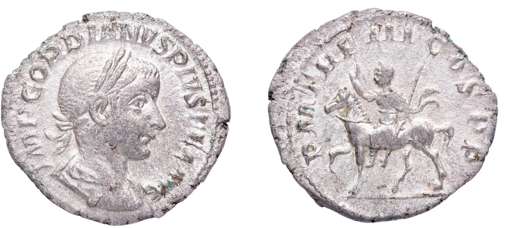 Denario de Gordiano III. PM TR P III COS PP. Emperador a caballo. Roma G33-horse