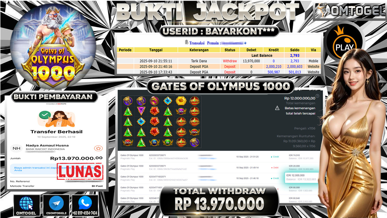 OMTOGEL JACKPOT PRAGMATIC PLAY GATES OF OLYMPUS 1000 13 JUTA DI BAYAR LUNAS ,-