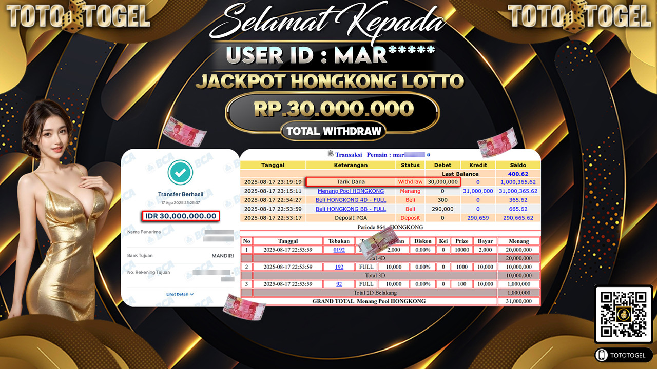 Bukti Pembayaran Jackpot Permainan Togel Hongkong Lotto ID:MAR***** LUNAS
