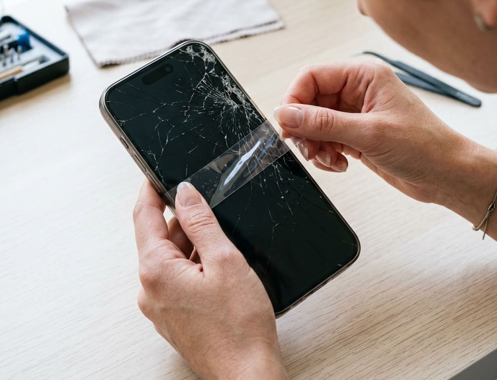Временная защита разбитого экрана iPhone 15