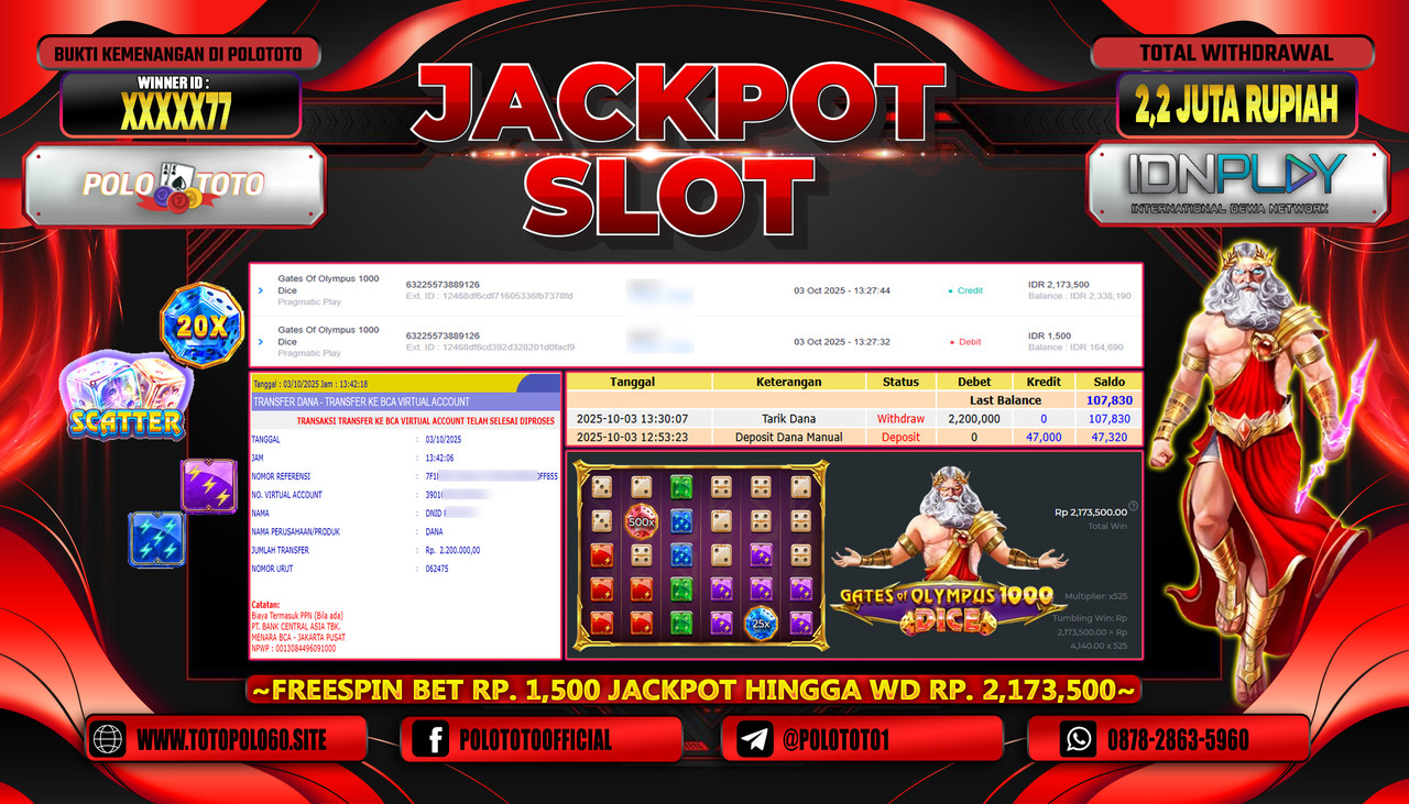 POLOTOTO JACKPOT SLOT GATES OF OLYMPUS 1000 DICE Rp.2.200.000,- LUNAS