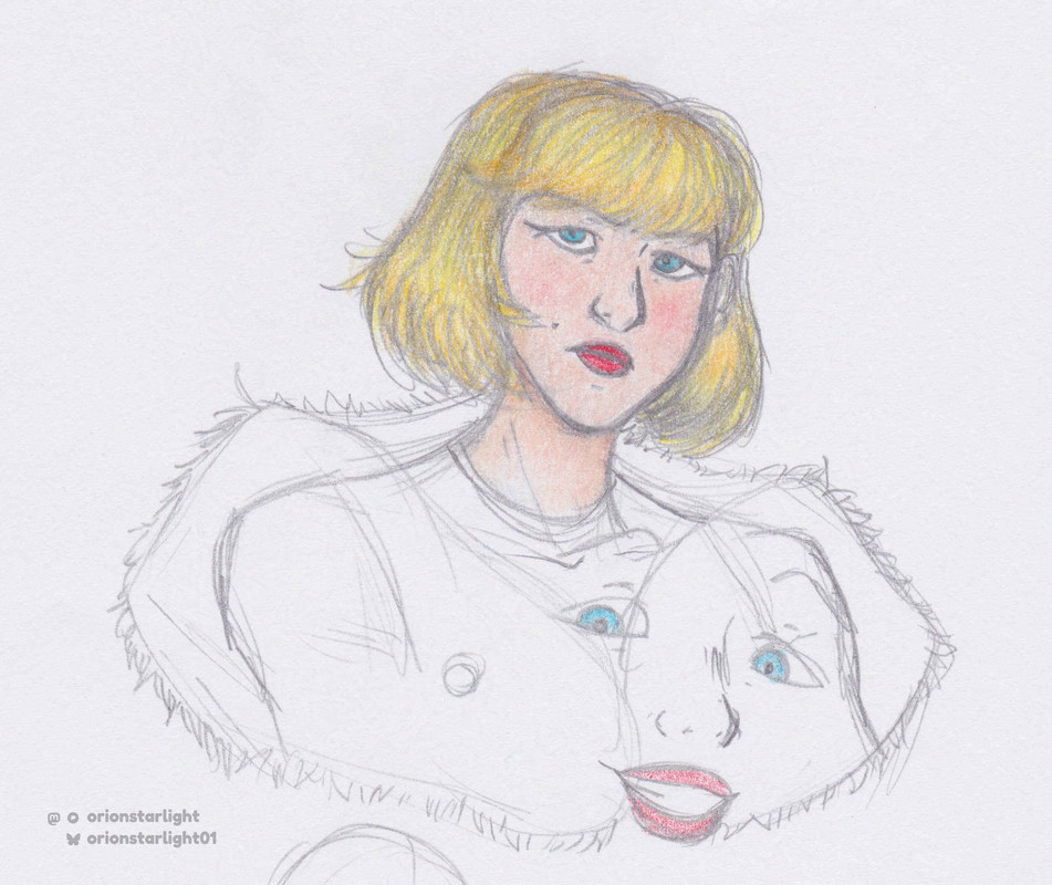 My drawing of Debbie and another drawing of just her expression layered over that one. The first drawing of her has her looking at the viewer with a serious and almost annoyed expression, almost as if she was offended by someone. The other drawing on top of the former is of her lazily grinning at the viewer.