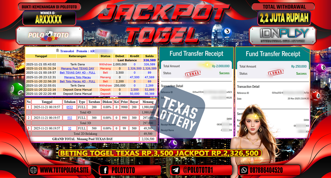 POLOTOTO JACKPOT TOGEL MENANG POOL TEXAS DAY Rp.2.200.000,- LUNAS