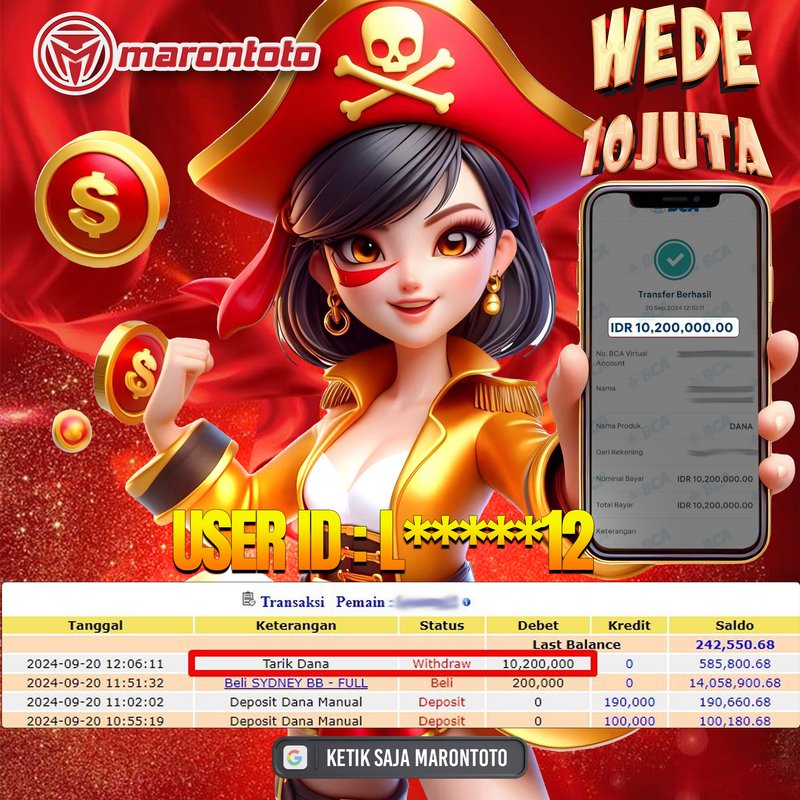 Bukti Kemenangan Member Marontoto Sebesar 10 JUTA