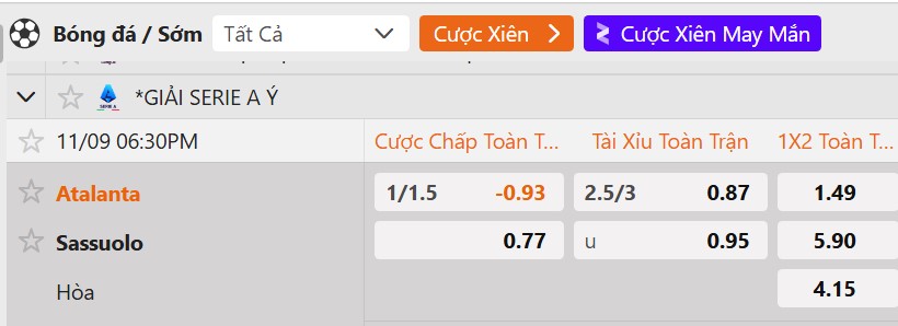Tỷ lệ kèo Atalanta vs Sassuolo