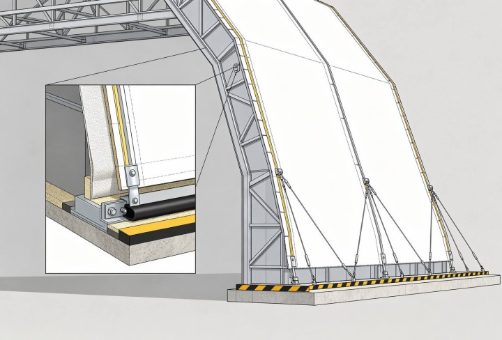 Aircraft hangar tent structure showing insulation and frame details