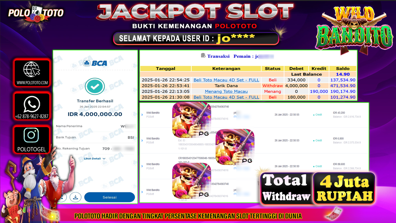 POLOTOTO JACKPOT SLOT WILD BANDITO Rp.4,000.000,-