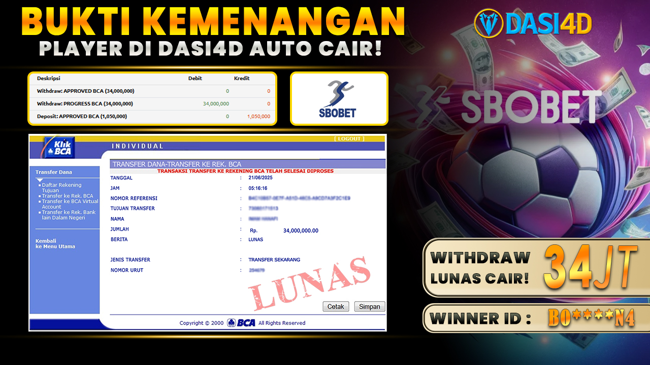 BUKTI KEMENANGAN 21 JUNI 2025 DI  SPORTBOOK SBOBET WD 34 JUTA