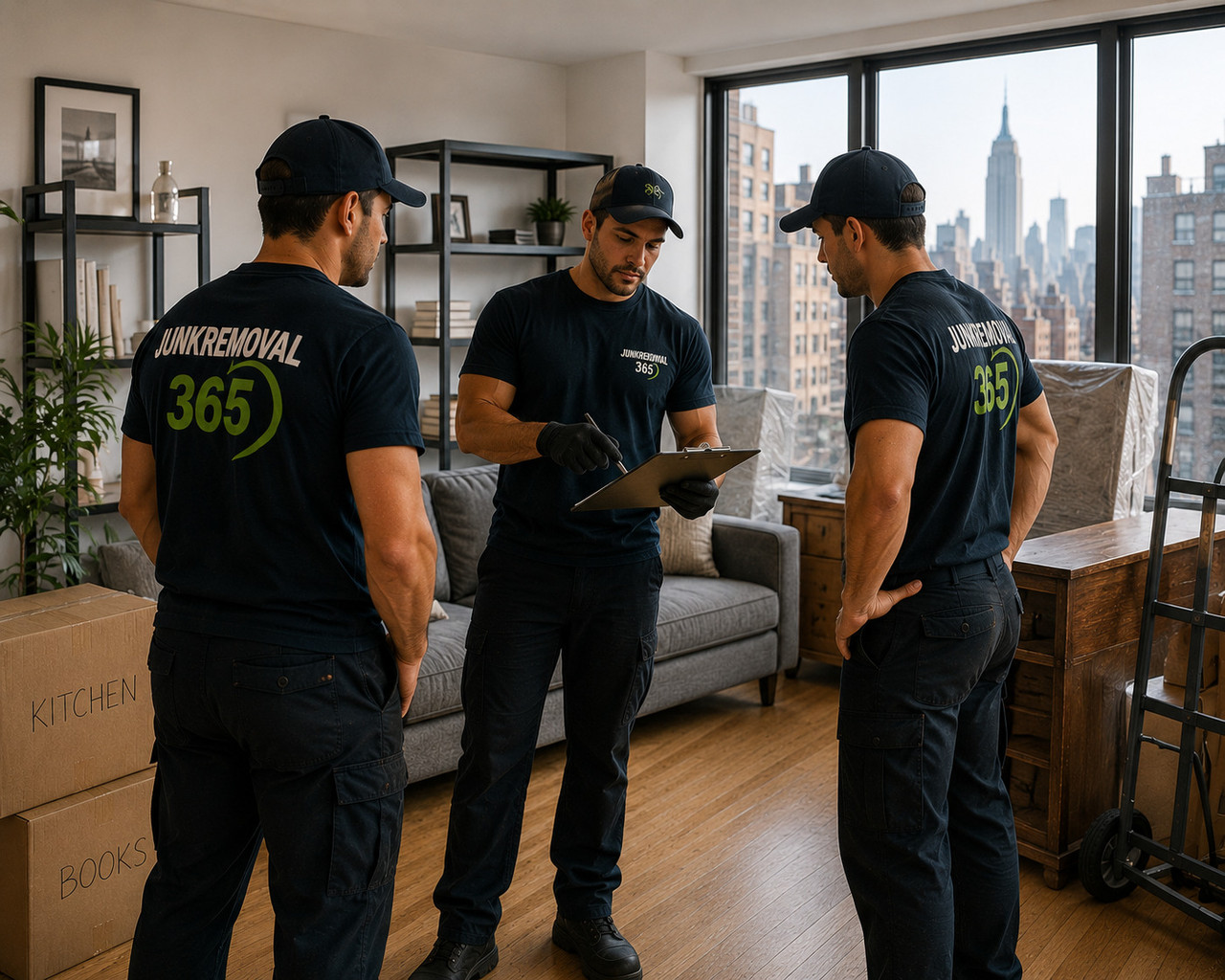 Furniture removal crew planning an apartment cleanout in New York State