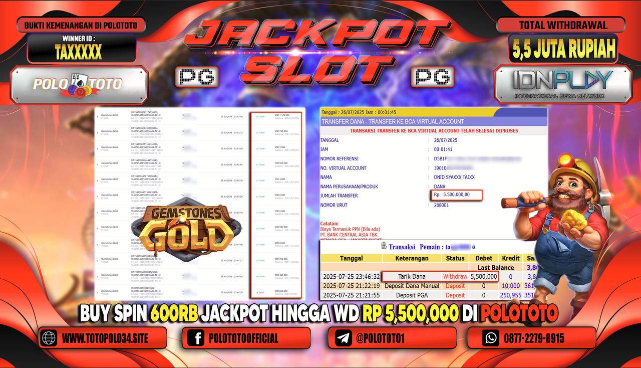 POLOTOTO JACKPOT SLOT GEMSTONES GOLD Rp.5.500.000,-LUNAS