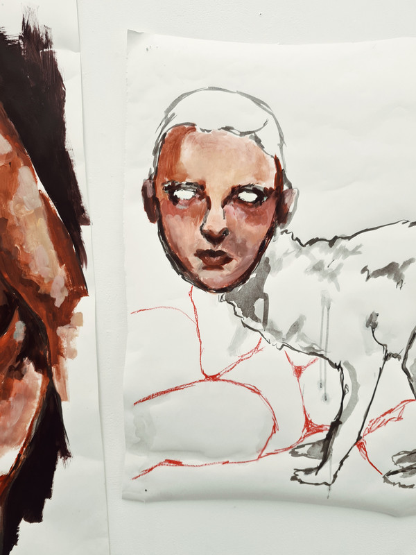 head painted on ink sketch of fox, white eyes