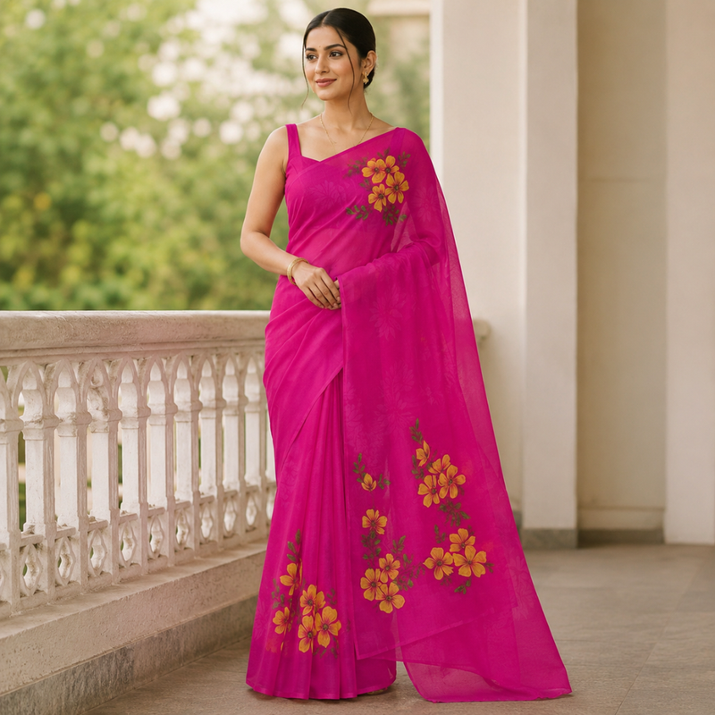 Hand-Painted Georgette Saree | Elegant Lightweight Drape with Artistic Detailing Design - 6