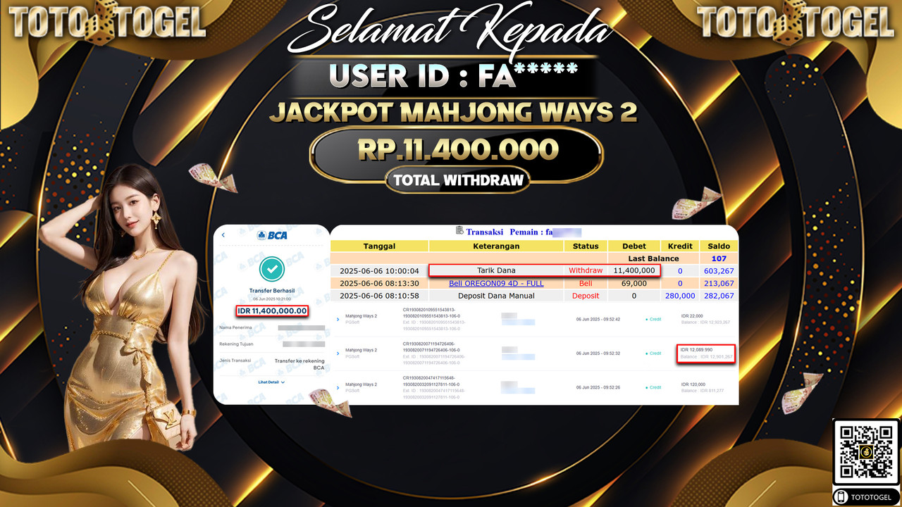 Bukti Pembayaran Jackpot Permainan Slot Mahjong Ways 2 ID:FA***** LUNAS