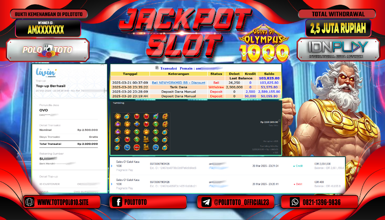POLOTOTO JACKPOT SLOT GATES OF OLYMPUS 1000 Rp.2.500.000,-