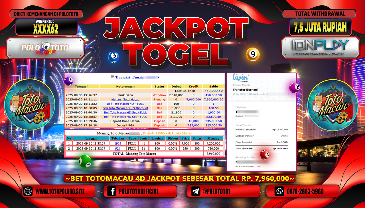 POLOTOTO JACKPOT TOGEL TOTO MACAU Rp.7.500.000,- LUNAS