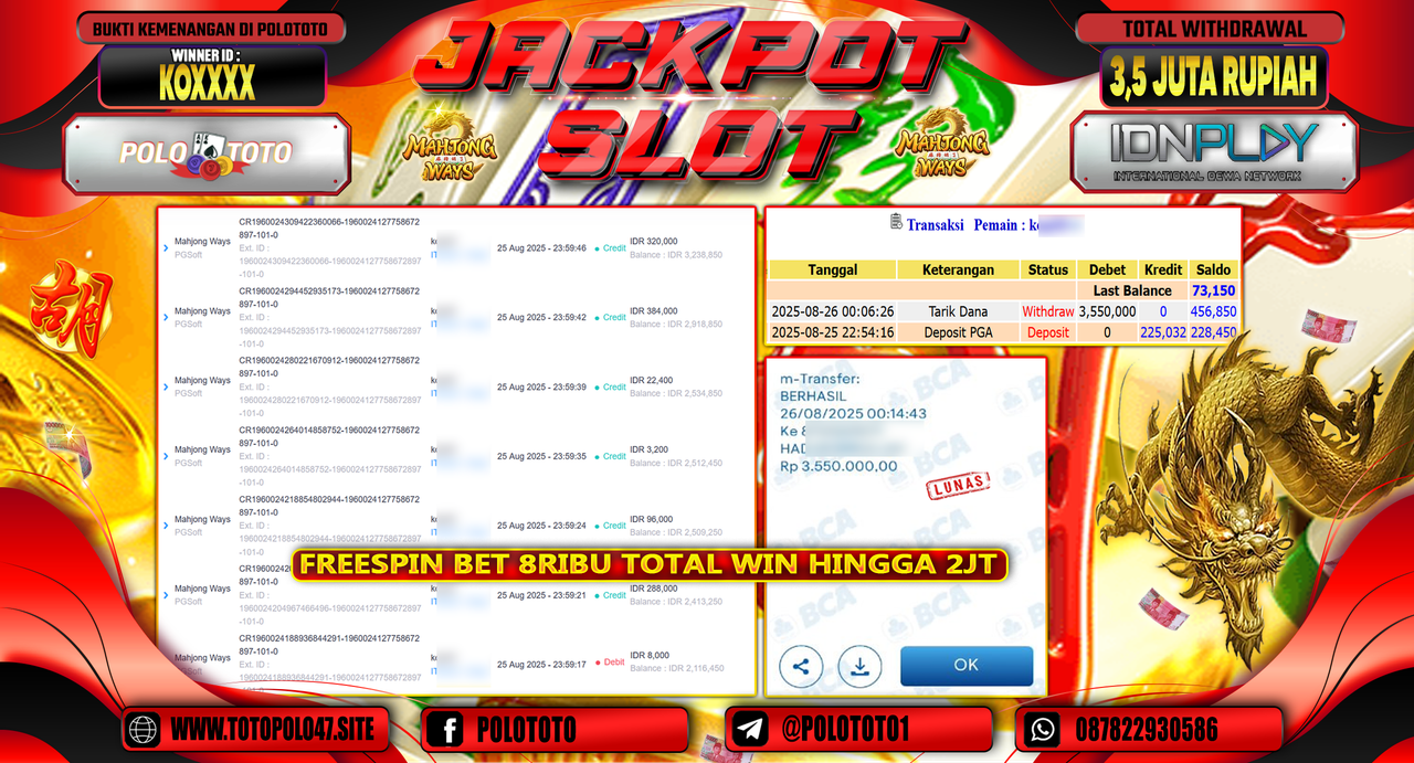 POLOTOTO JACKPOT SLOT MAHJONG WAYS Rp.3.550.000,-