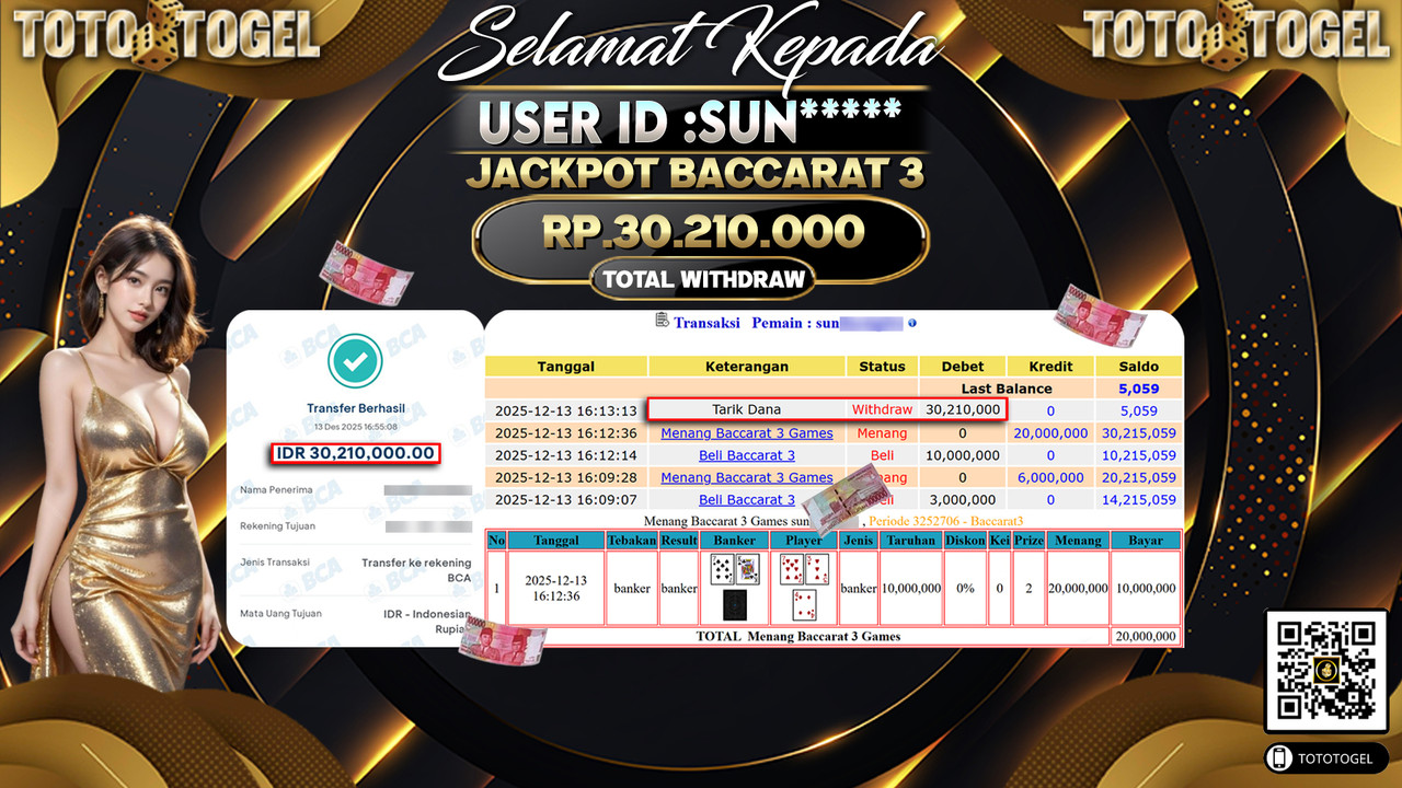 Bukti Pembayaran Jackpot Permainan Live Game Baccarat 3 ID:SUN***** LUNAS