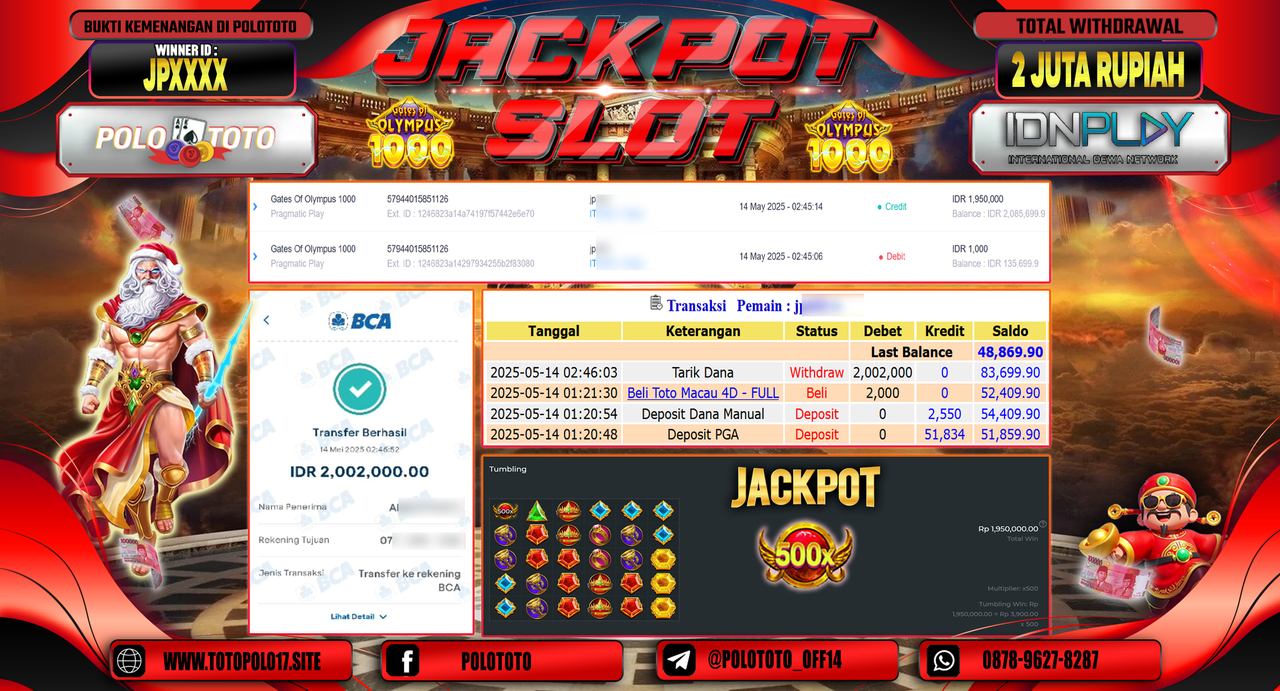 POLOTOTO JACKPOT SLOT GATES OF OLYMPUS 1000 Rp.2.002.000,-