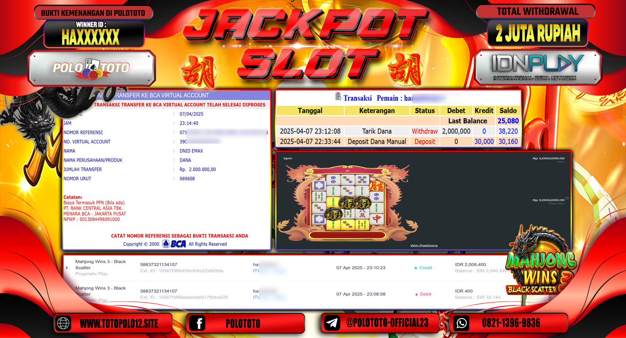 POLOTOTO JACKPOT SLOT MAHJONG WINS 3 - BLACK SCATTER Rp.2.000.000,- LUNAS