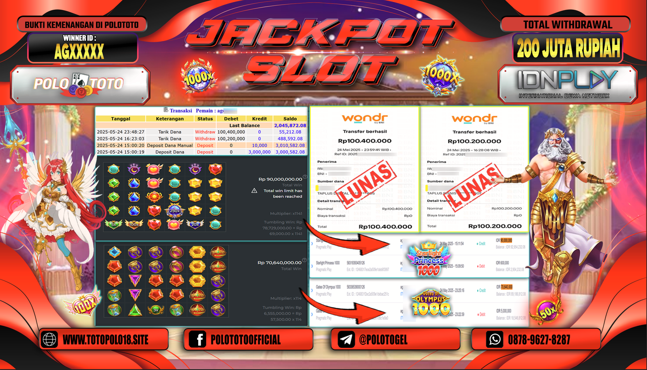 POLOTOTO JACKPOT SLOT STARLIGHT PRINCESS 1000 & GATES OF OLYMPUS 1000 Rp.200.600.000,-
