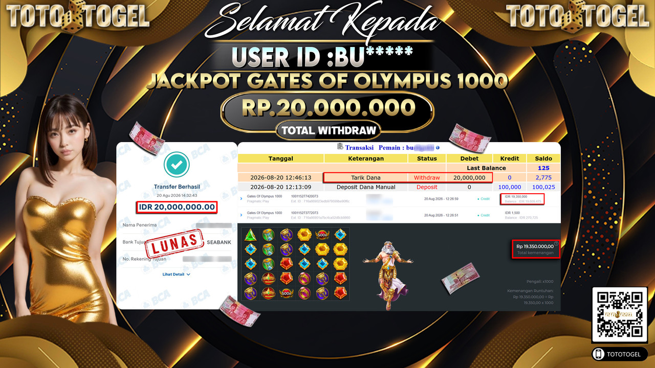 Bukti Pembayaran Jackpot Slot Gates Of Olympus 1000 ID:BU*****LUNAS