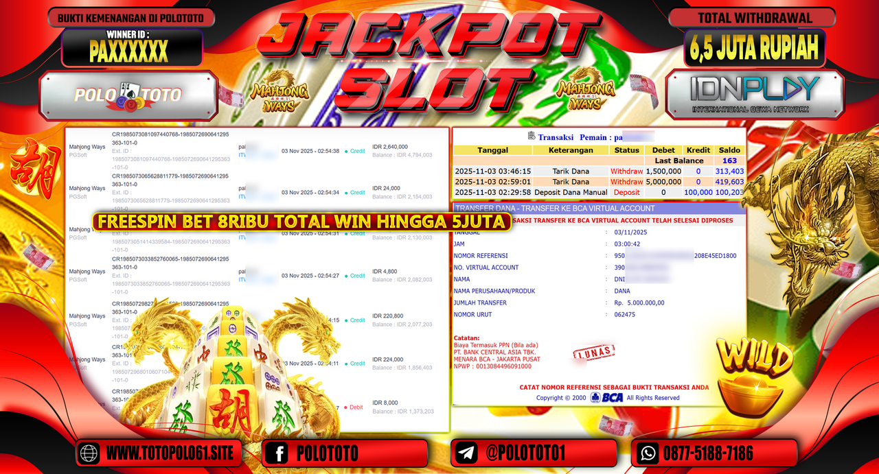 POLOTOTO JACKPOT SLOT MAHJONG WAYS Rp.6.500.000,- LUNAS