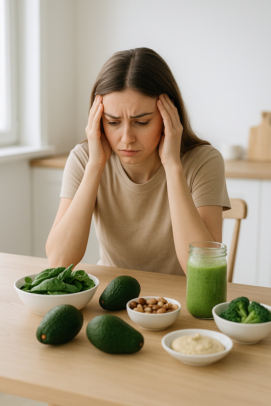 Woman with anxious expression and food on table