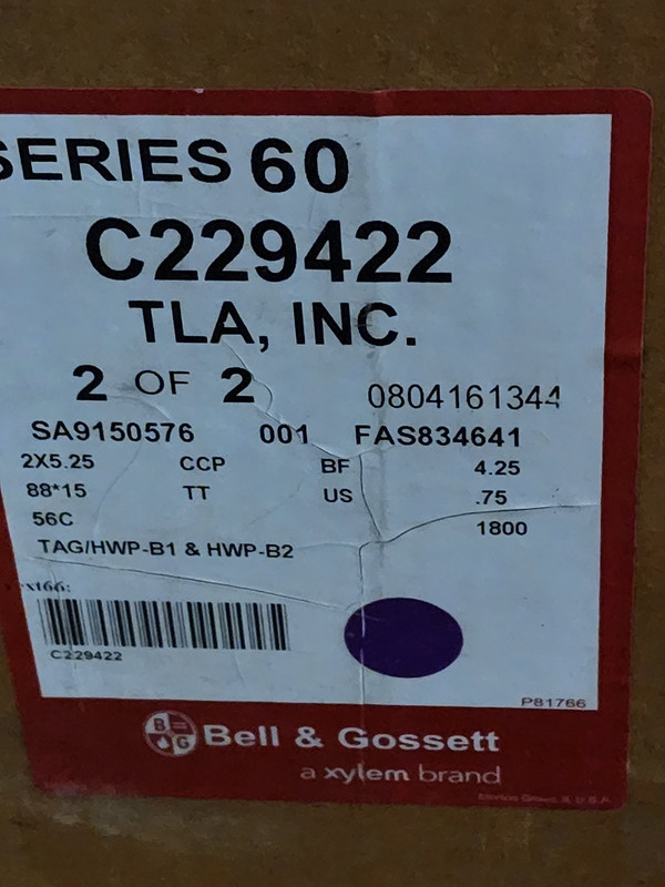 BELL & GOSSETT XYLEM SERIES 60 CENTRIFUGAL PUMP 2X5.25" 3/4HP 1800 TAG/HWP-B1 B2