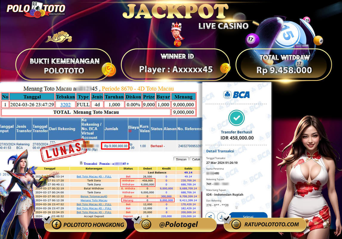 POLOTOTO JACKPOT LIVE GAME TOTO MACAU Rp 9.458.000,- LUNAS