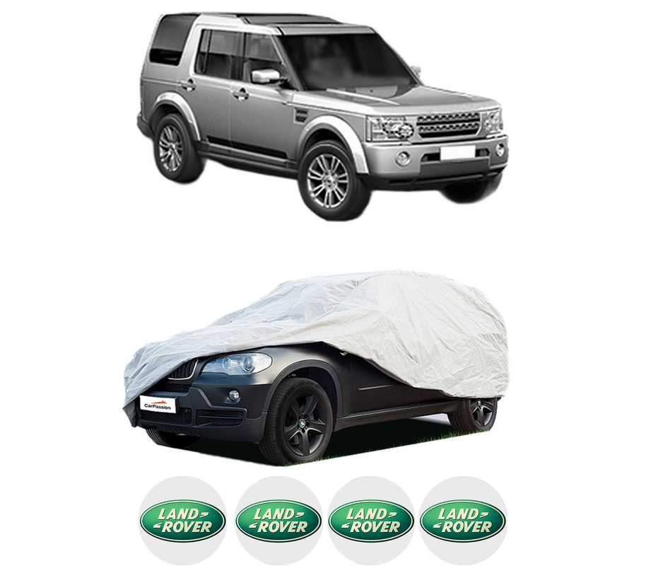Husa tip prelata auto pentru LAND ROVER DISCOVERY IV (L319) din 2009-2018, Culoare Gri, material textil impermeabil, rezistanta la intemperii praf UV, CARPASSION Husa Protectie, 4 Stickere auto cu LAND ROVER